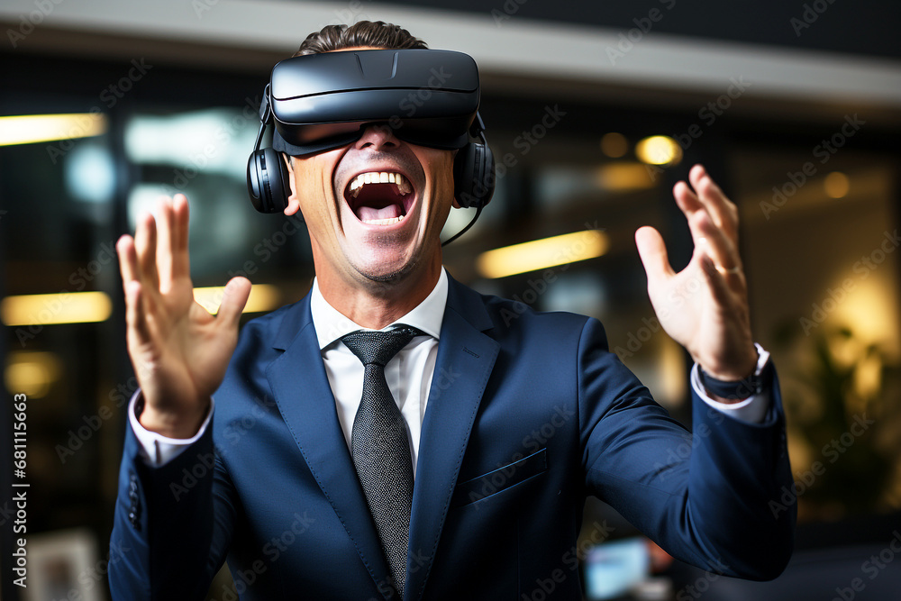 Excited man watching headset VR virtual reality in office