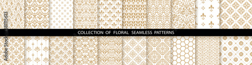 Geometric floral set of seamless patterns. White and gold vector backgrounds. Damask graphic ornaments