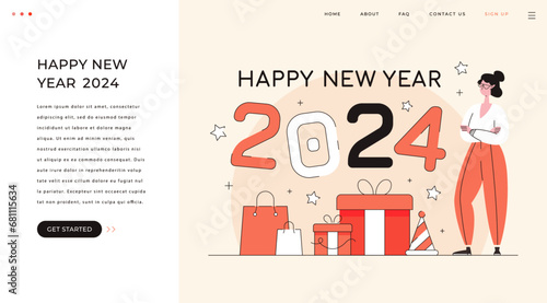 2024 Happy new year celebration banner design with women standing next to happy new year 2024 text surrounded by gifts boxes, shopping, to excitement and joy of new year vector illustration concept