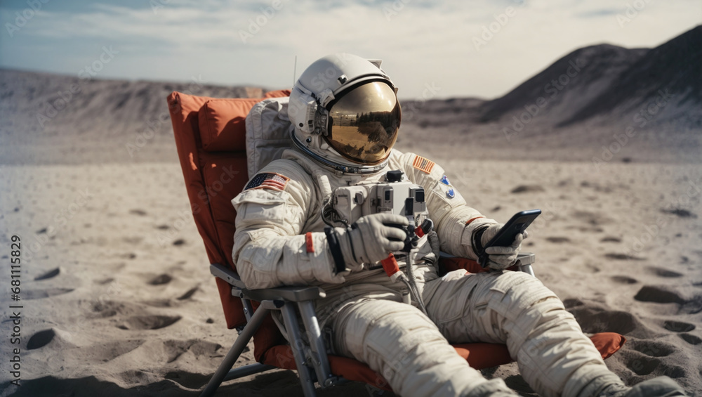 Astronaut sits in a beach chair on a Moon surface, Resting after the flight, Spent His Leisure Time on the Lunar Surface, holding phone in hands - obrazy, fototapety, plakaty 
