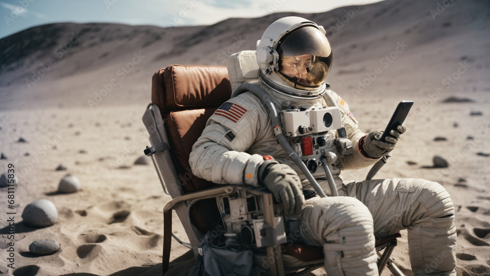 Astronaut sits in a beach chair on a Moon surface, Resting after the flight, Spent His Leisure Time on the Lunar Surface, holding phone in hands