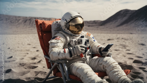 Astronaut sits in a beach chair on a Moon surface, Resting after the flight, Spent His Leisure Time on the Lunar Surface, holding phone in hands photo