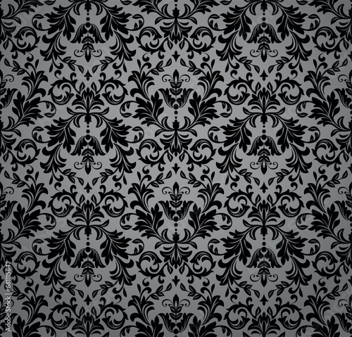 Wallpaper in the style of Baroque. Seamless vector background. Black and gray floral ornament. Graphic pattern for fabric, wallpaper, packaging. Ornate Damask flower ornament