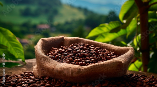 A bag of coffee on a coffee plantation. Generative AI,