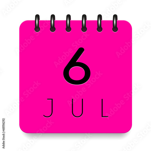 6 day of the month. July. Pink calendar daily icon. Black letters. Date day week Sunday, Monday, Tuesday, Wednesday, Thursday, Friday, Saturday. Cut paper. White background. Vector illustration.