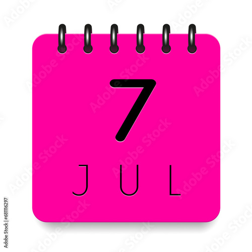 7 day of the month. July. Pink calendar daily icon. Black letters. Date day week Sunday, Monday, Tuesday, Wednesday, Thursday, Friday, Saturday. Cut paper. White background. Vector illustration.