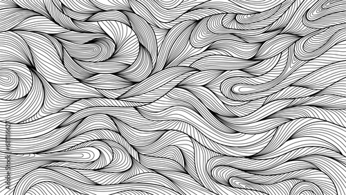 Linear background pattern. Thin abstract black lines on a white background. Vector illustration of wave ornament.
