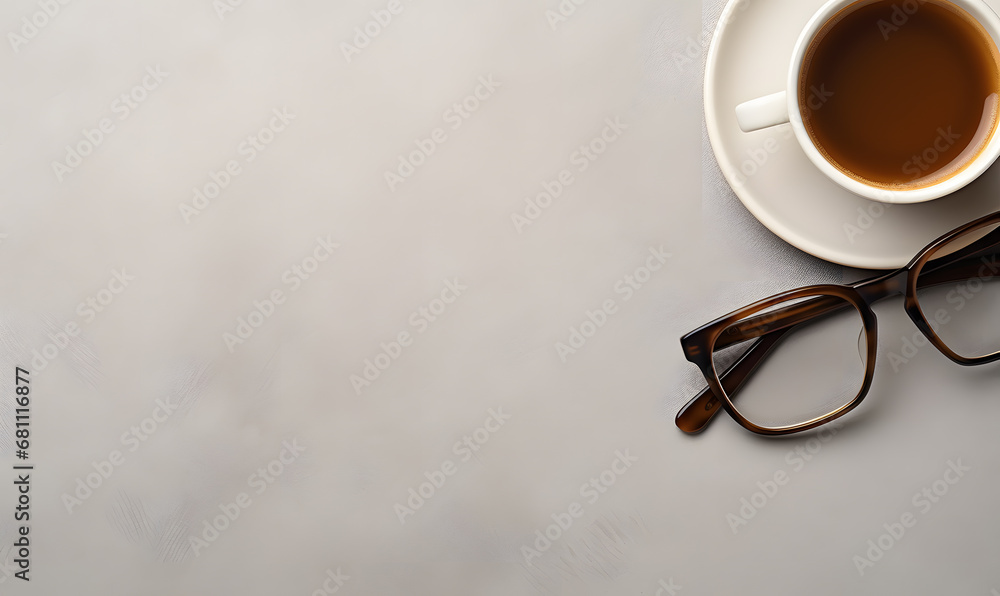 Top view template background with laptop, glasses, coffee cup set on a light grey background Top view template background with laptop, glasses, coffee cup set on a light grey background