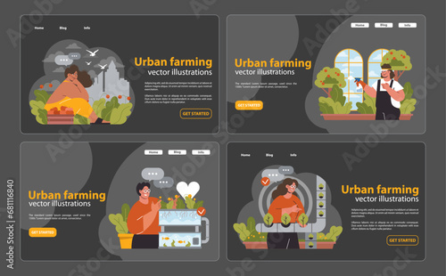 Urban farming set. City dwellers cultivating plants, harvesting vegetables, nurturing aquarium fish. Growing food in apartments, balconies, rooftops. Fresh produce in urban settings. Flat vector.
