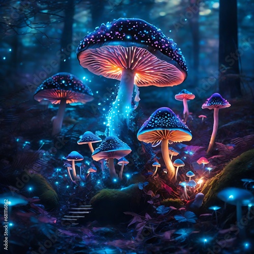 Poetic description of a dark and magical forest where bioluminescent mushrooms serve as both a light source and a source of mystical energy. Generated By Ai