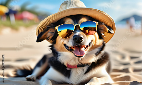 A cute dog sitting on the beach sand wearing sunglasses and a straw hat. Generative AI © 냥냥냥 난