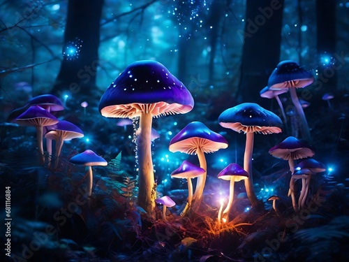 Poetic description of a dark and magical forest where bioluminescent mushrooms serve as both a light source and a source of mystical energy. Generated By Ai