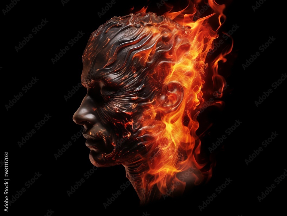 concept, an idea. head of a man with a flame of fire on black background Illustration Generative AI concept, an idea. head of a man with a flame of fire on black background Illustration Generative AI