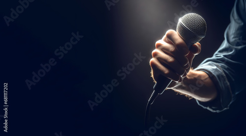 Handheld microphone with stage lighting background , banner has space for typing text photo