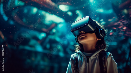 The child looks into virtual reality glasses. Generative AI,