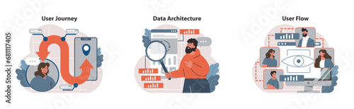 UX Design set. Navigating the user journey, inspecting data structure intricacies, and visualizing user flow. Interaction, analysis, and digital process. Flat vector illustration