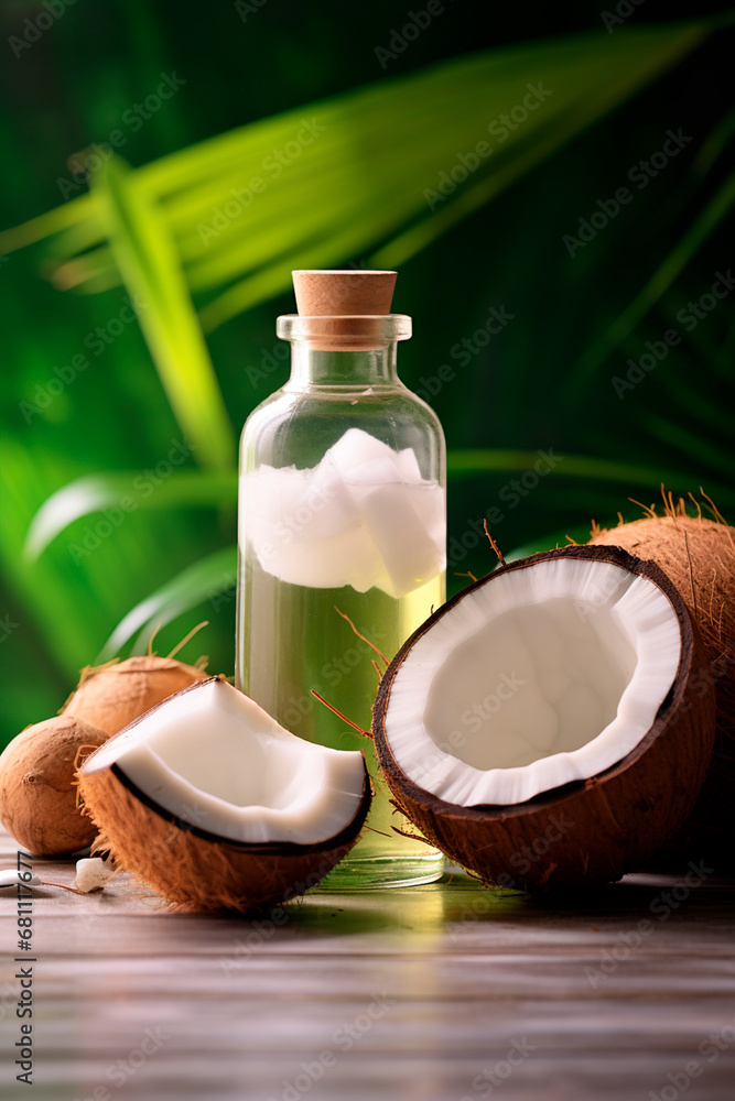 Cosmetic coconut oil on a wooden background. Generative AI, Cosmetic coconut oil on a wooden background. Generative AI,