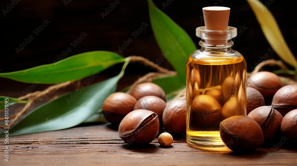 Cosmetic macadamia oil on a wooden background. Generative AI, Cosmetic macadamia oil on a wooden background. Generative AI,