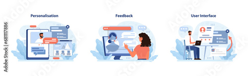 User Experience set. Personalisation with tailored content, woman receiving feedback online, man navigating user interface. Interaction, optimization, efficiency. Flat vector illustration