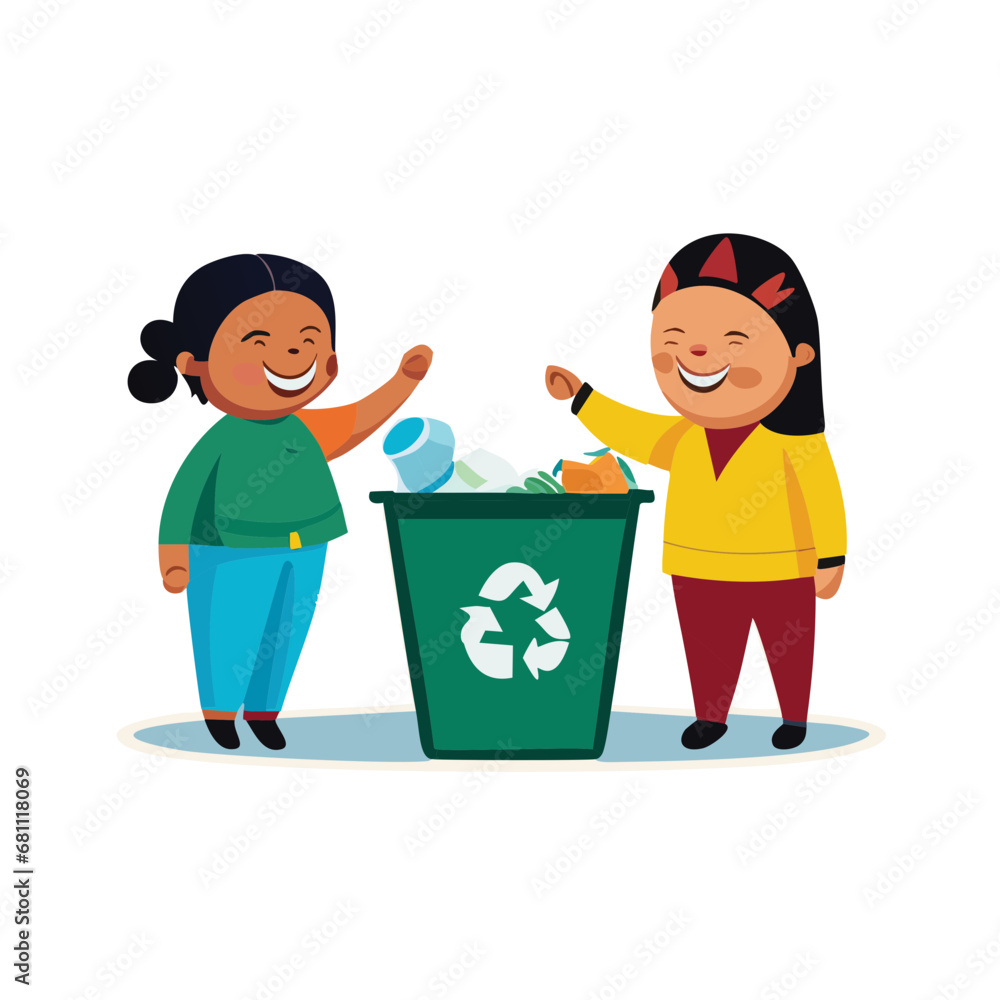 Waste recycle. Eco-friendly people throw out trash in recycling bin