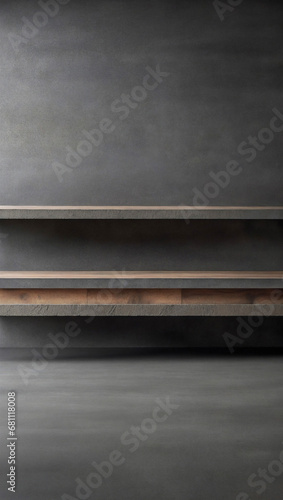Dark grey cement countertop with wooden structural table against black cement background with copy space High quality photo. Generated Ai © O-CAP