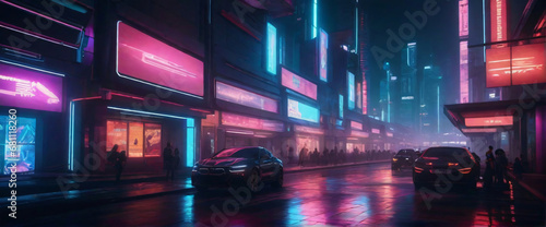 Create a futuristic, cyberpunk-inspired cityscape at night, with neon lights and holographic advertisements glowing brightly. Use a wide-angle lens and a cool color palette to evoke a sense of mystery