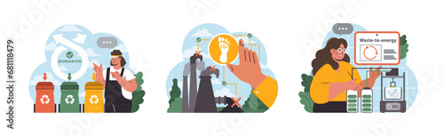Environmental responsibility set. Proper waste segregation, reducing carbon emissions, innovative waste-to-energy solution. Conscious choices, cleaner planet initiatives. Flat vector illustration
