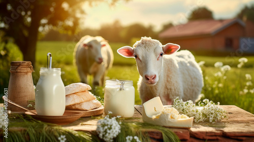 Sheep dairy products on a farm background. Generative AI, photo