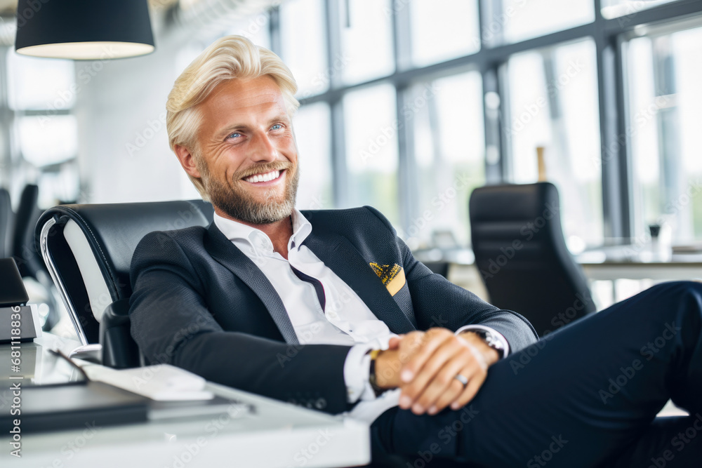 The smiling businessman in suit is resting in his office chair.
The smiling businessman in suit is resting in his office chair.