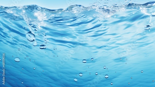 Fresh blue water background. Bubble, waves and drops banner with free place for text
