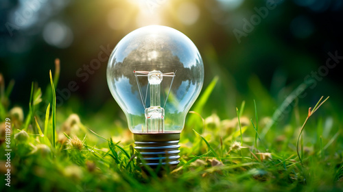 Light bulb on the grass concept nature electricity. Generative AI,
