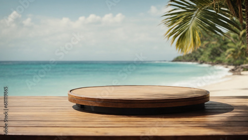 Tropical Serenity: Wooden Display Stage with Beach Backdrop