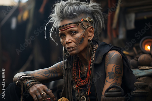 Generative ai tattooed woman survived to an apocalypse, living in a new tribal society