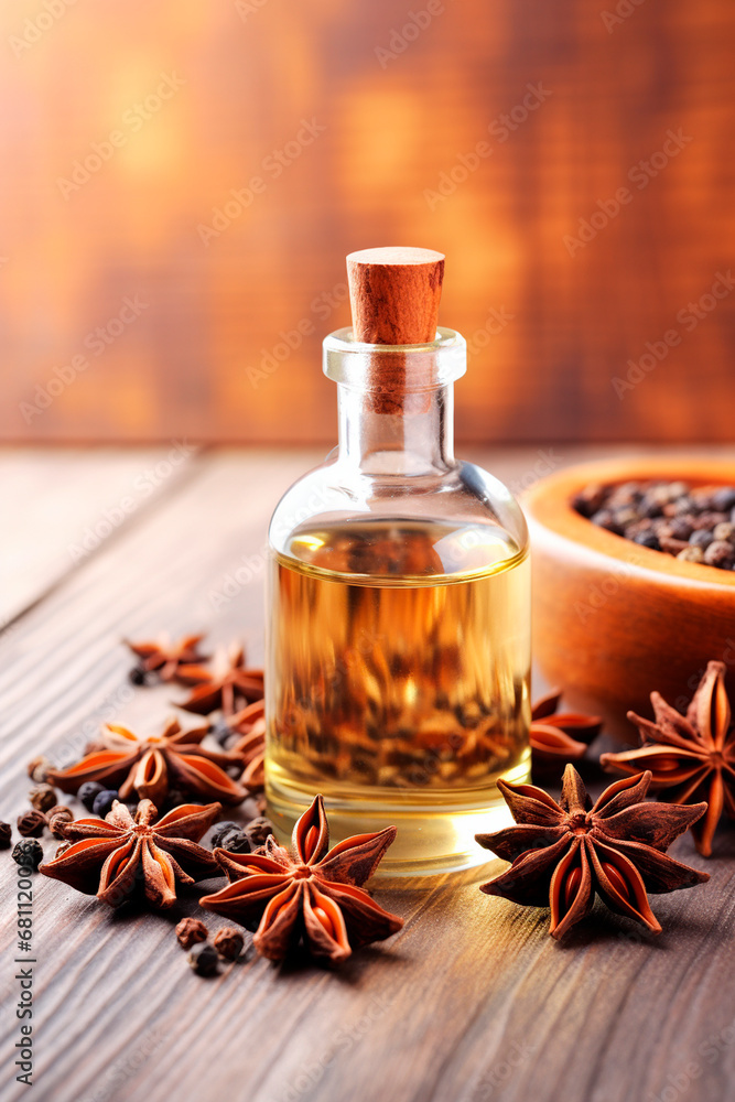 Anise essential oil in a bottle. Generative AI, Anise essential oil in a bottle. Generative AI,