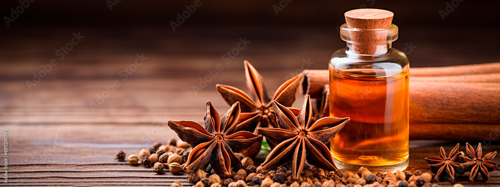 Anise essential oil in a bottle. Generative AI, Anise essential oil in a bottle. Generative AI,