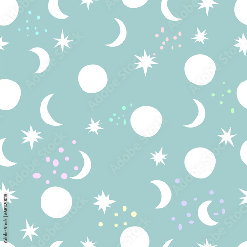 Seamless pattern, children's drawing, sky, new moon, stars, light background, ideal for children's design, packaging, wrapping paper, textile, children's wallpaper.