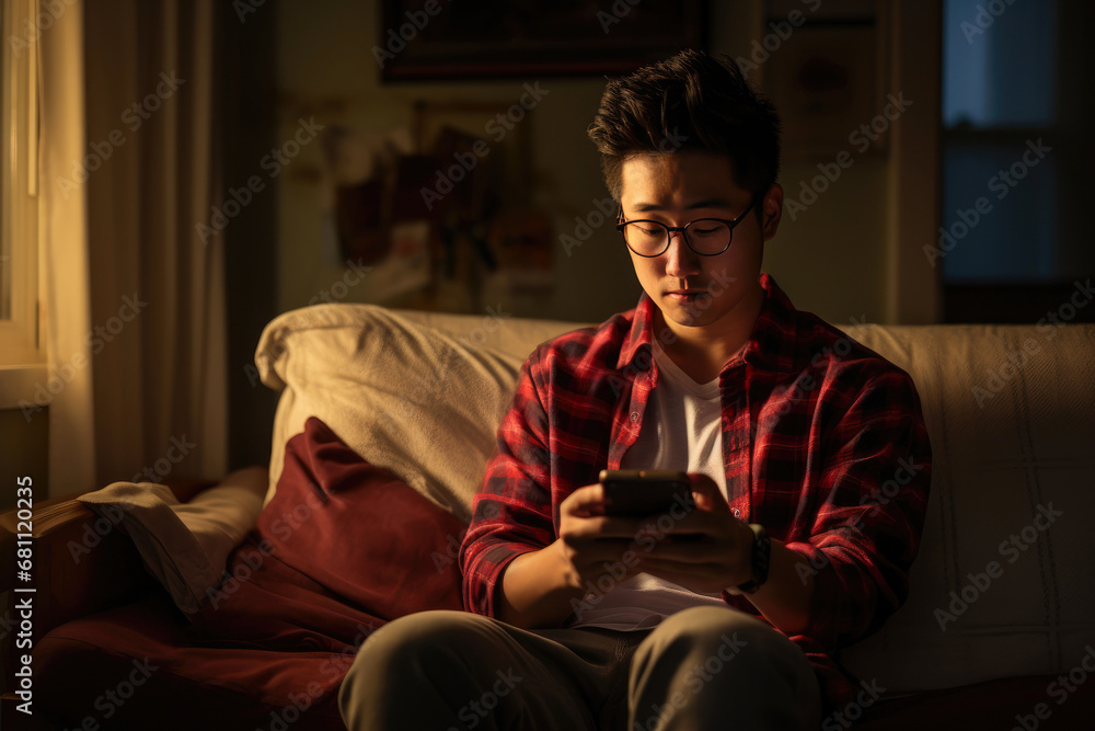 Chill Asian Guy Playing Smartphone Games on Couch