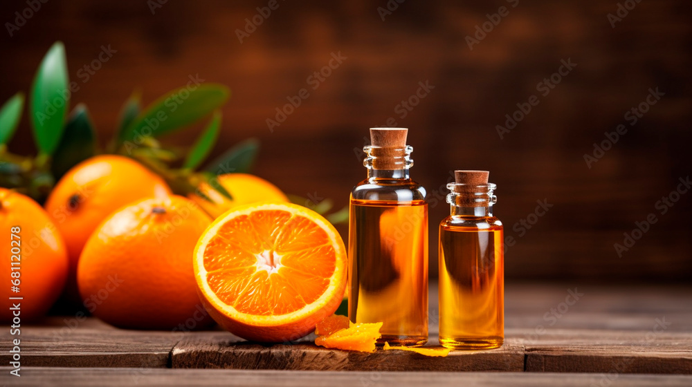 orange essential oil in a bottle. Generative AI, orange essential oil in a bottle. Generative AI,
