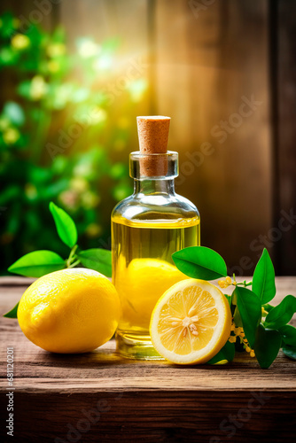 lemon essential oil in a bottle. Generative AI,