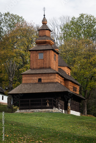 The Greek Catholic wooden church of St Michael the Archangel from Nova Sedlica located in open air museum of Humenne, Slovakia © ventura