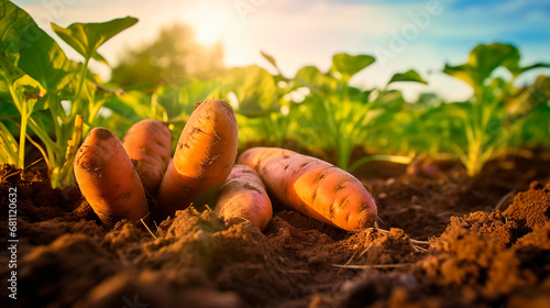 Sweet potato harvest in the garden. Generative AI, photo