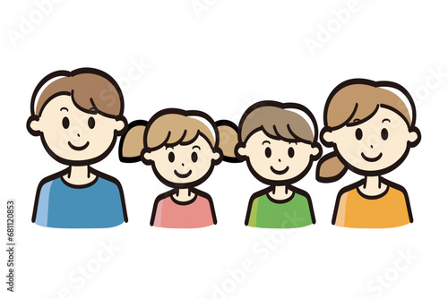 4人家族のにっこり笑顔の横並びイラスト