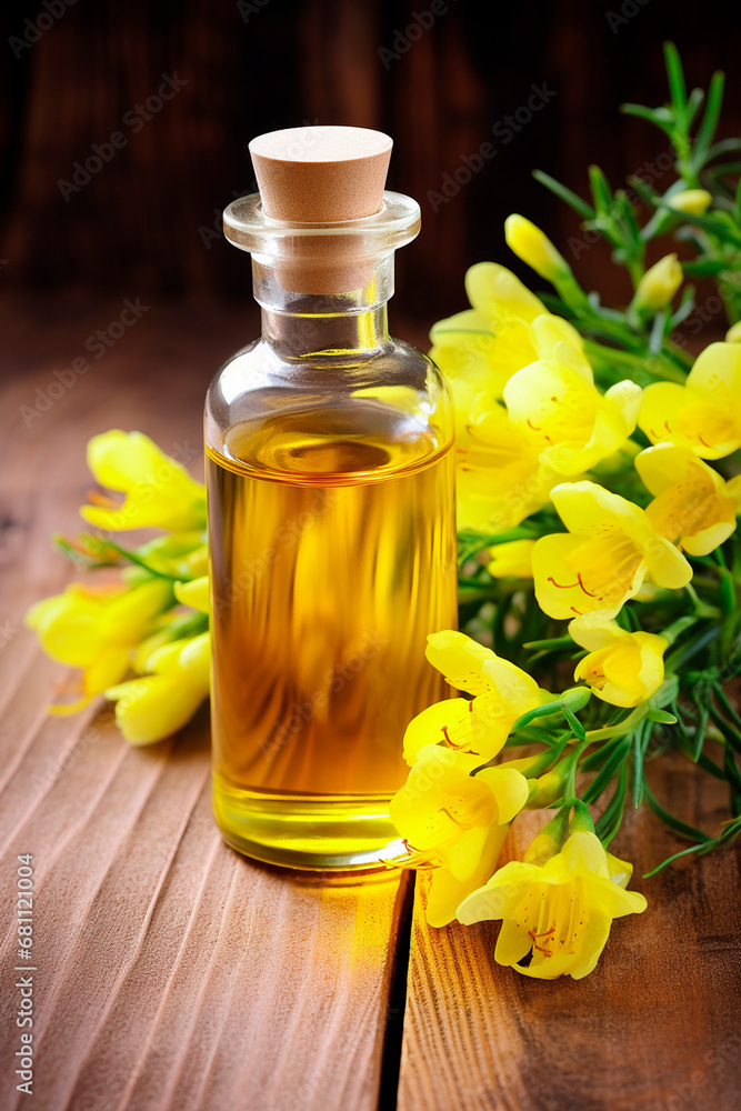 Freesia essential oil in a bottle. Generative AI, Freesia essential oil in a bottle. Generative AI,