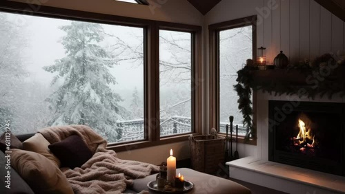 Cozy Fireplace with Burning Flame in Winter Living Room photo