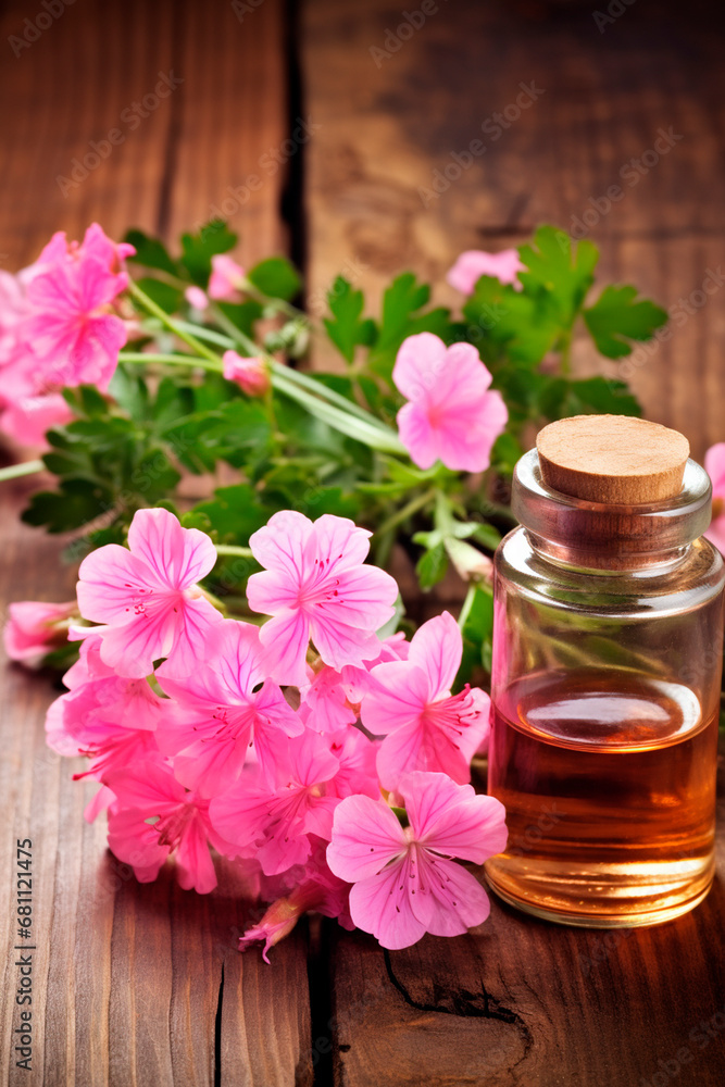 Geranium essential oil in a bottle. Generative AI, Geranium essential oil in a bottle. Generative AI,