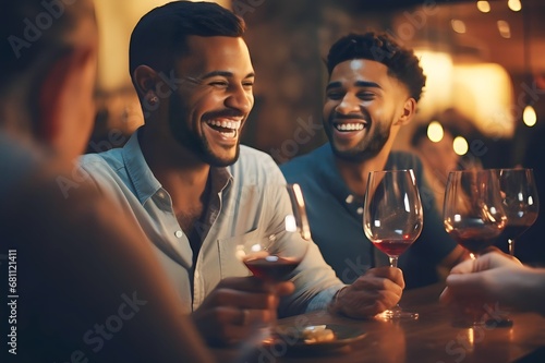 Happy diverse men drinking wine and laughing together in restaurant