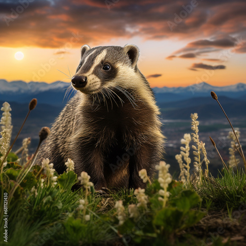 Badger in the mountains, twilight, beautiful animals, beautiful nature.