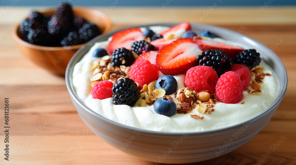 Porridge with berries in a bowl for breakfast. Generative AI, Porridge with berries in a bowl for breakfast. Generative AI,