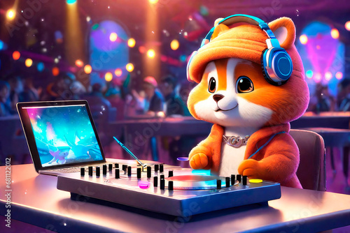 Portrait adorable animal DJ at the disco on headphones with mixing table setup. Cartoon animation character, anime style, 3d illustration.