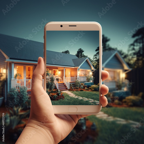 Hand Holding a Mini Tablet/ Large Smartphone, taking a picture of the Entryway to a Gorgeous Suburban Family Home